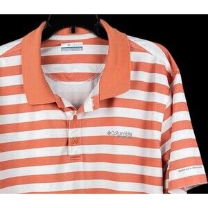 Columbia men’s polo shirt, large, PFG performance orange white stripe Omni-shade